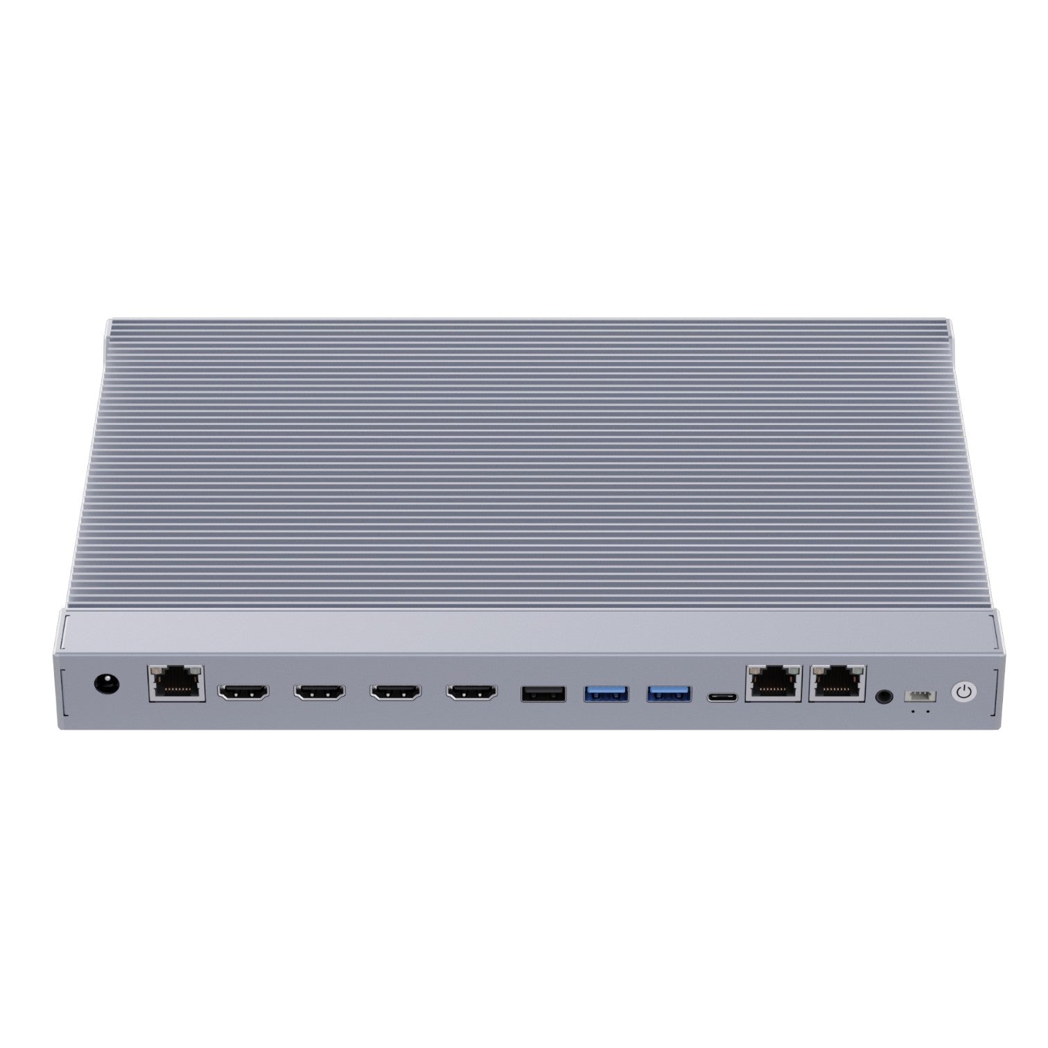 Maxtang SXRL20 Compact Fanless PC rear panel with quad HDMI and dual LAN ports